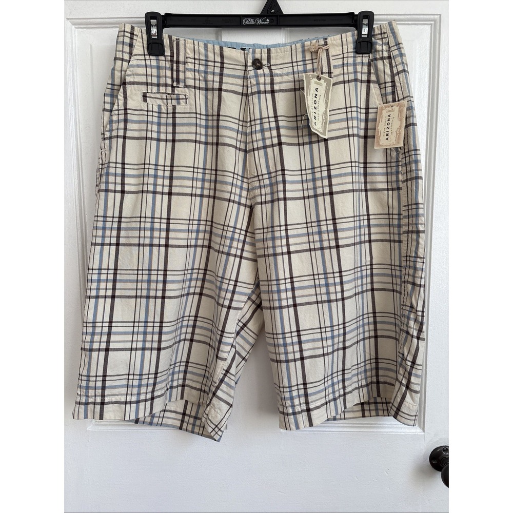 Arizona Jean Company Mens Ivory Plaid Shorts Cotton Flat Front Size 34 NWT